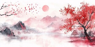 水墨红梅映月山水图景