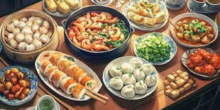 丰盛中式美食摆满一桌