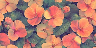 橙黄花卉绿叶背景图案