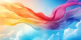 绚丽彩绸飘于蓝天白云间