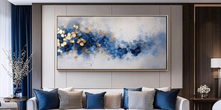 蓝金抽象画装点现代客厅