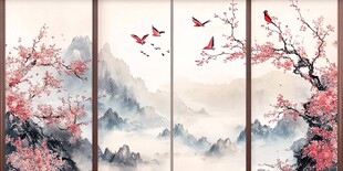 红梅飞鸟山水中式屏风画