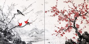 水墨红梅栖鸟图意韵浓