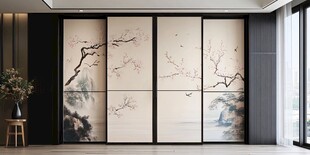 中式屏风绘水墨梅花景致