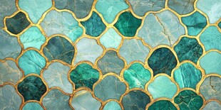绿蓝金相间的鱼鳞纹瓷砖