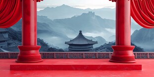 中式红舞台与远山景致