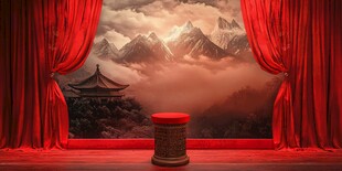 红幕前的中式山水舞台场景
