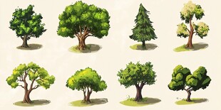多样卡通风格树木插画