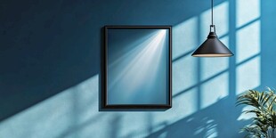 蓝墙挂框与吊灯光影场景