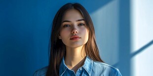 蓝调光影下的牛仔装女子