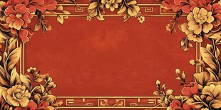 中式花卉红底边框背景图