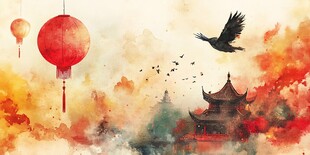 水墨风中式灯笼飞鸟古建筑图