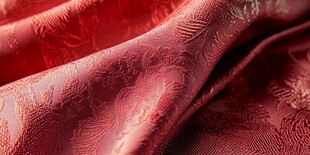 红色花纹丝绸面料特写