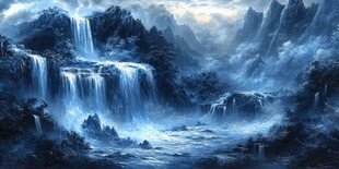 梦幻蓝色山水瀑布景观