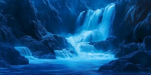 梦幻蓝色山间瀑布景观