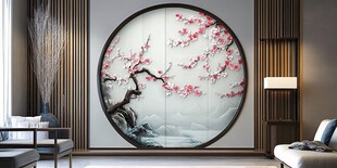 中式客厅的圆形梅花装饰画