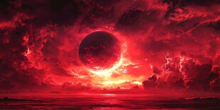 血红色天空下的神秘巨月