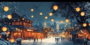 雪夜古街挂灯的唯美景象