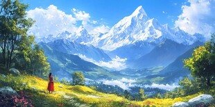 女子赏景于壮美雪山花海