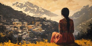 女孩静赏山间村落美景