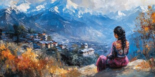 女孩静赏山间秋景