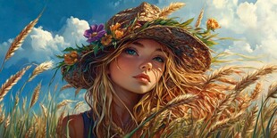 麦田中的花饰草帽少女