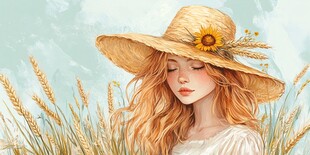 麦田中的草帽少女