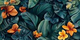 热带花卉与繁茂绿叶图案