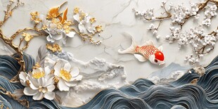 中式浮雕锦鲤花卉装饰画