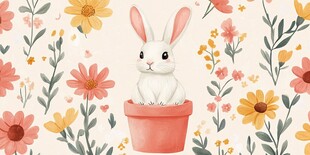 花盆里的可爱白兔与花卉
