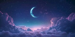 梦幻夜空下的新月与云朵