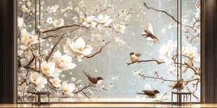 玉兰花鸟中式唯美背景墙