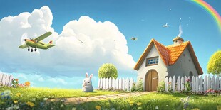 田园小屋旁的梦幻飞行场景