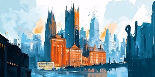 现代都市河畔壮丽建筑景观