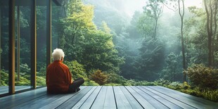 老人静赏窗外山林景致