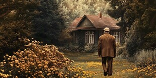 老人漫步于林间小屋旁