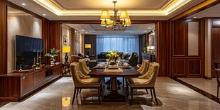中式奢华客厅餐厅一体化空间