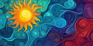 梦幻太阳与流动花纹图案