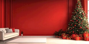 红色客厅中的圣诞温馨场景