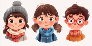 冬日可爱孩童头像插画