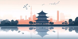 古风楼阁映于城市湖畔