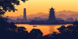 黄昏下的城市与古典建筑美景