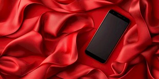 红绸上的黑色智能手机