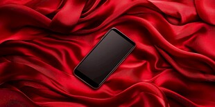 红丝绒上的黑色智能手机
