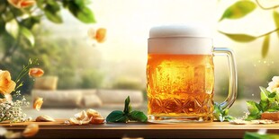 户外木桌上的清爽啤酒杯