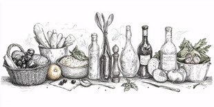 厨房食材与餐具素描画面