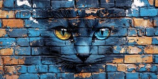 砖墙上的异色瞳黑猫涂鸦