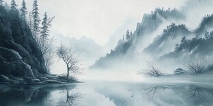 水墨山水间的静谧湖景