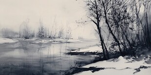 冬日河畔雪景水墨画