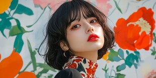 花墙前的俏皮短发少女